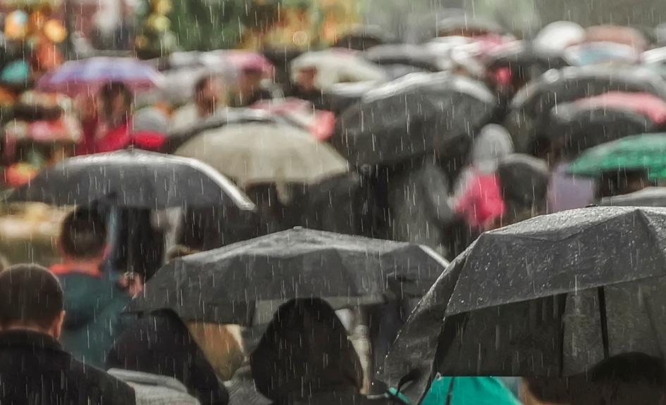 People walk through the rain holding umbrellas