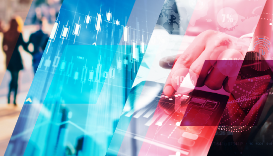 Composite image: office workers, stock chart, close-up of hand using tablet device.