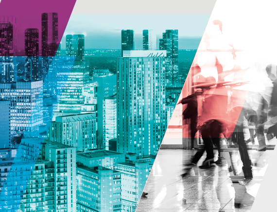 Decorative image of skyscrapers with blue filter.